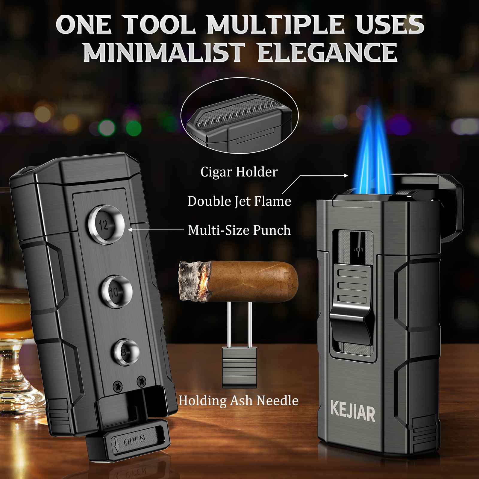 4-in-1 Lighter — Dual Flame + Punch + Stand