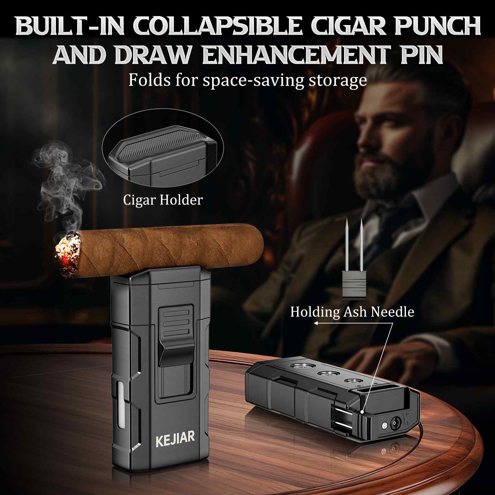 4-in-1 Lighter — Dual Flame + Punch + Stand