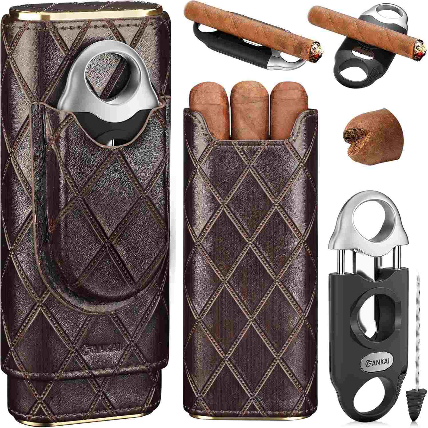 Leather Travel Humidor + V-Cut Cutter — 2-4 Cigars